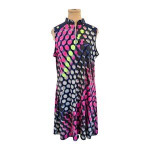 Jamie Sadock Blue Pink Black Polka Dot Collar Zip Sport Dress Sz L